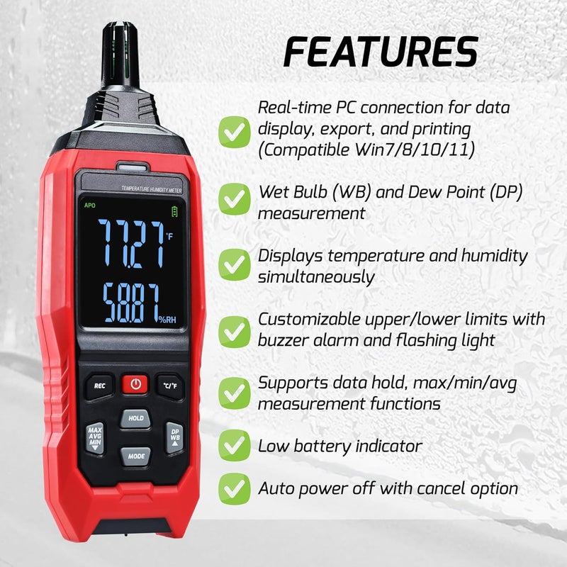 DANOPLUS Humidity and Temperature Meter Data Logger Digital Psychrometer HVAC, Wet Bulb Thermometer Record 4000pcs Data and Export, Large LCD Humidity Tester Dew Point Meter with Indicator and Buzzer Alarm - Image 3
